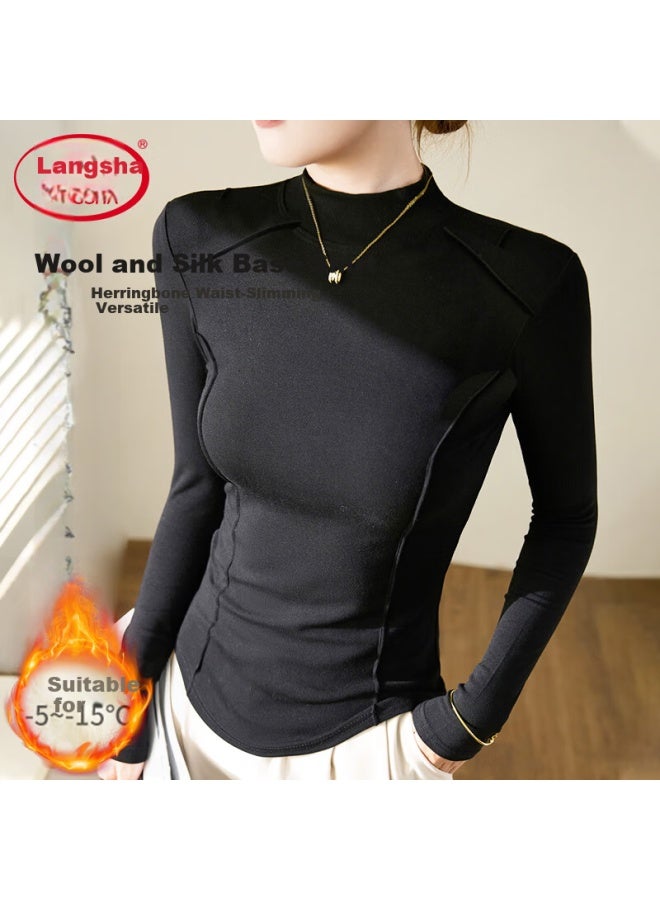 LANG SHA Langsha Women's Semi-turtleneck Wool And Silk Thermal Slim Fit Herringbone Autumn Winter Base Layer Shirt - Image 1