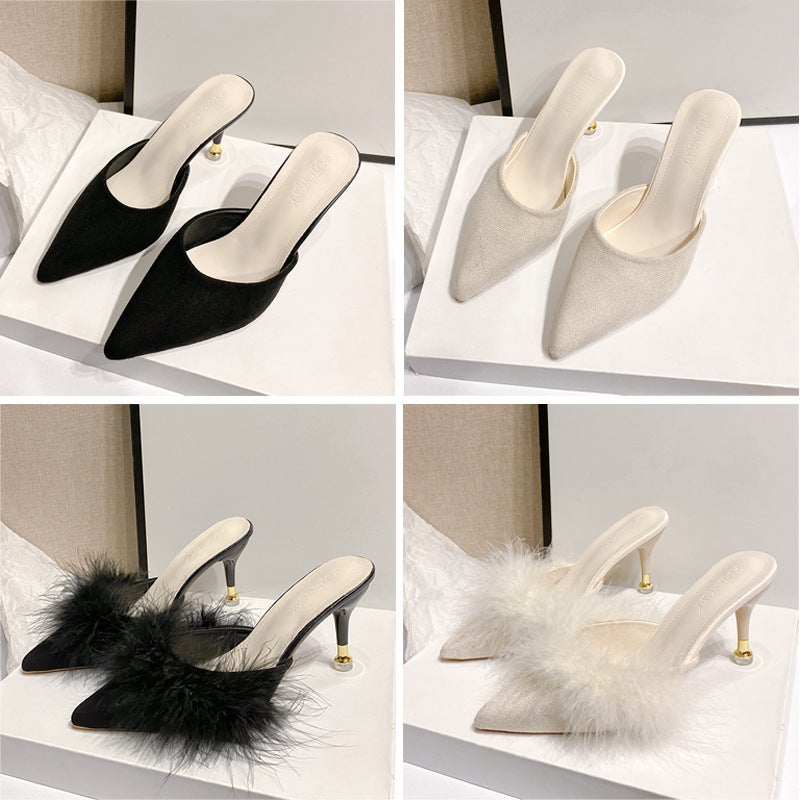 Fashion Versatile Closed-Toe Mules For Women With Thin Heels, 2025 Spring/ Trendy Internet Celebrity Style Chanel-Inspired High Heels - Image 2