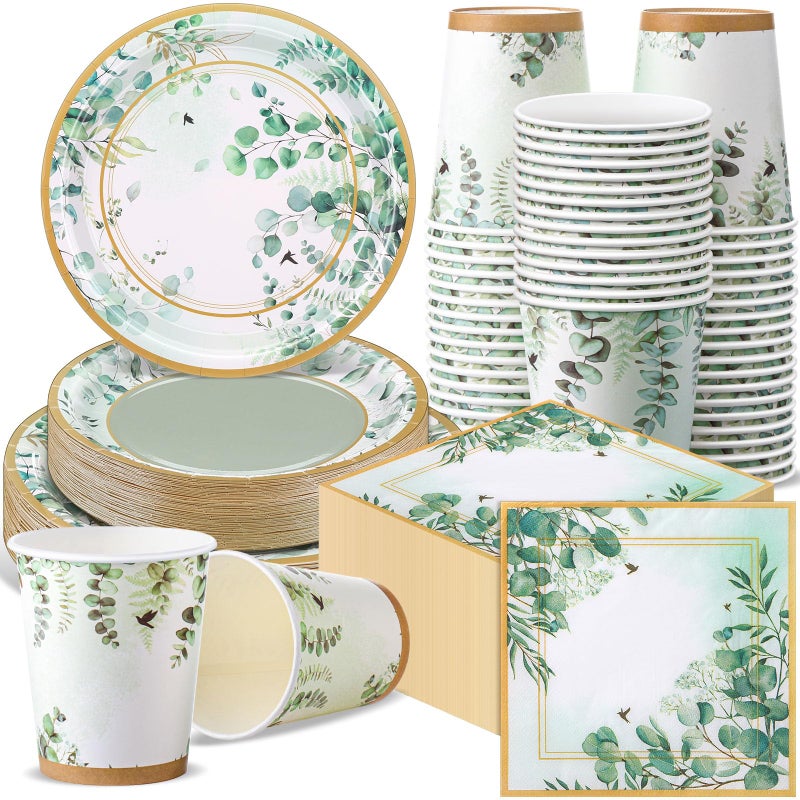 Pickmesh 250 Pcs Sage Party Disposable Tableware Set Paper Plates and Napkins Cups Supplies Tea Party Theme Dinner Dinnerware for Birthday Bridal Baby Shower Wedding Decoration Serves 50 - Image 1