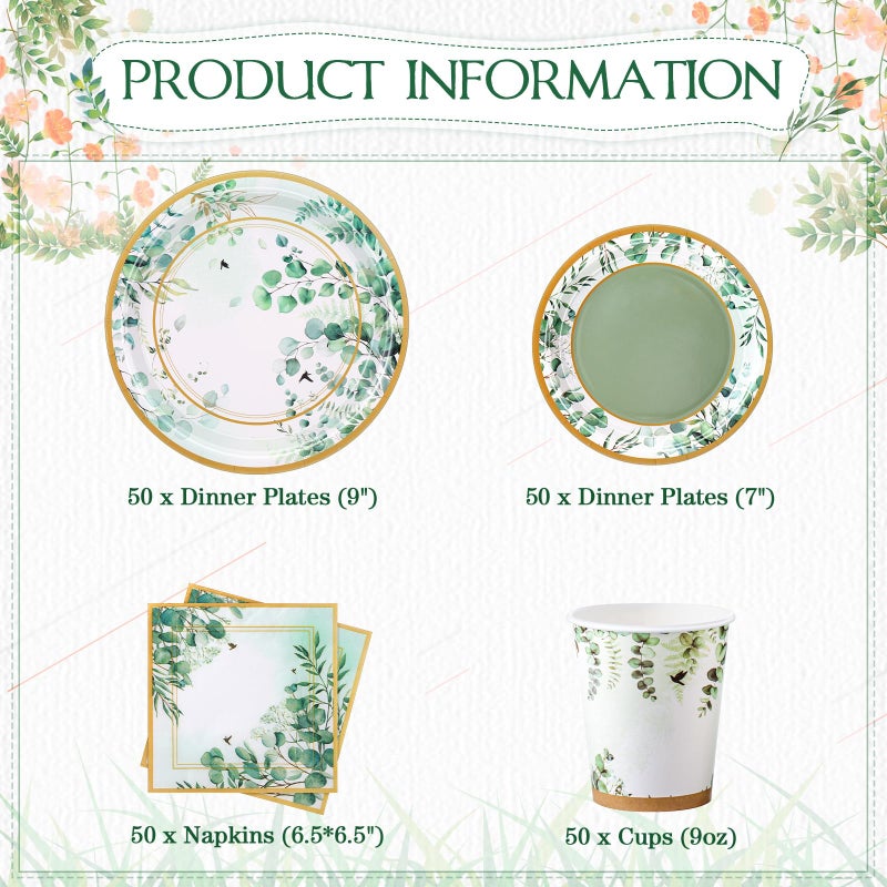 Pickmesh 250 Pcs Sage Party Disposable Tableware Set Paper Plates and Napkins Cups Supplies Tea Party Theme Dinner Dinnerware for Birthday Bridal Baby Shower Wedding Decoration Serves 50 - Image 2