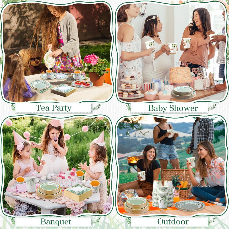 Pickmesh 250 Pcs Sage Party Disposable Tableware Set Paper Plates and Napkins Cups Supplies Tea Party Theme Dinner Dinnerware for Birthday Bridal Baby Shower Wedding Decoration Serves 50 - Image 3