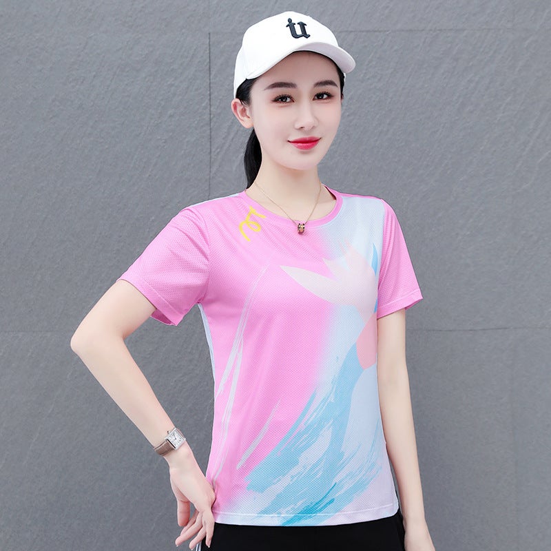 Ice Silk Elastic Quick-Drying Casual Short-Sleeve Round Neck Printed T-Shirt Women'S Summer Mesh Breathable Straight Sports T-Shirt - Image 1