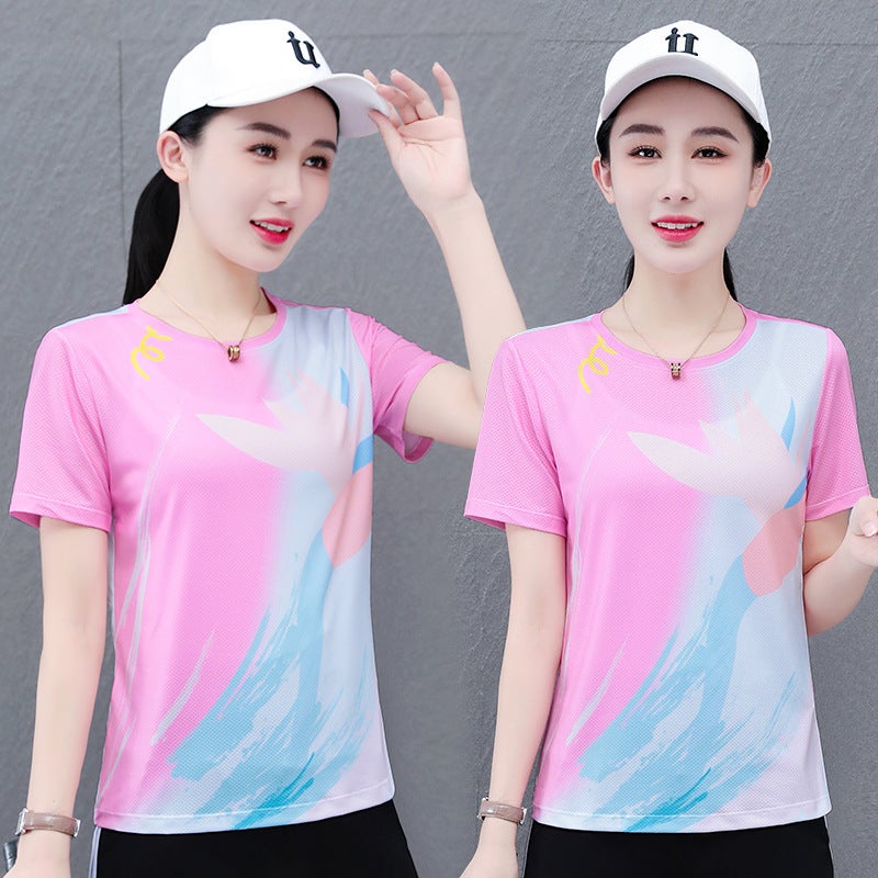 Ice Silk Elastic Quick-Drying Casual Short-Sleeve Round Neck Printed T-Shirt Women'S Summer Mesh Breathable Straight Sports T-Shirt - Image 3