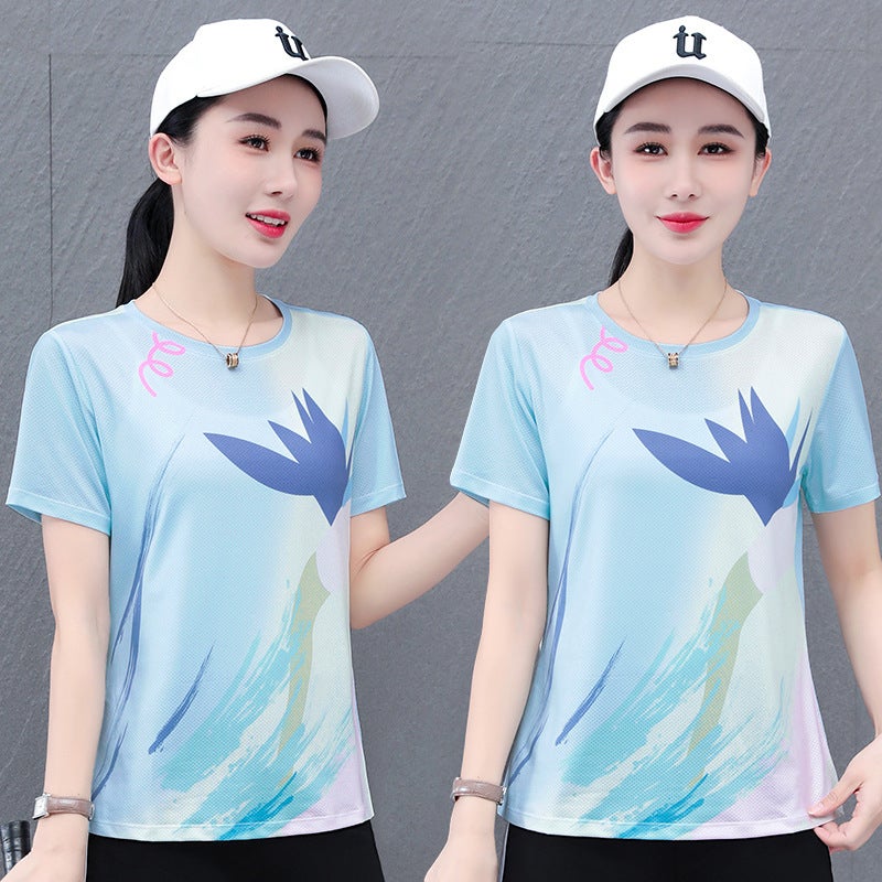 Ice Silk Elastic Quick-Drying Casual Short-Sleeve Round Neck Printed T-Shirt Women'S Summer Mesh Breathable Straight Sports T-Shirt - Image 5