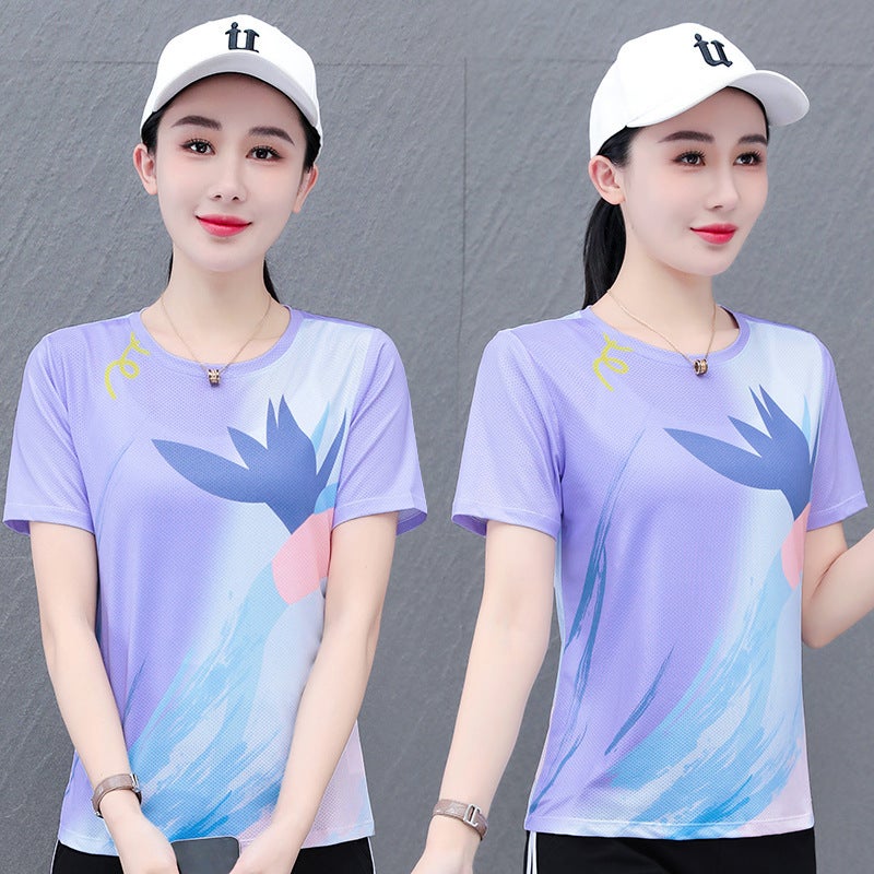Ice Silk Elastic Quick-Drying Casual Short-Sleeve Round Neck Printed T-Shirt Women'S Summer Mesh Breathable Straight Sports T-Shirt - Image 2