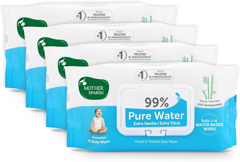 Mother Sparsh Unscented 99% Pure Water Baby Wipes, 72 Count (Pack of 4) - Image 1