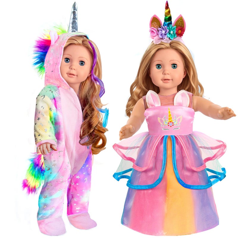 WONDOLL American 2Sets 18inch Doll Clothes Set Amazing Rainbow Unicorn Clothes with Hair Clip and Headband Compatible with All 18 inch Dolls Accessories for Kids Pinkno Doll - Image 2