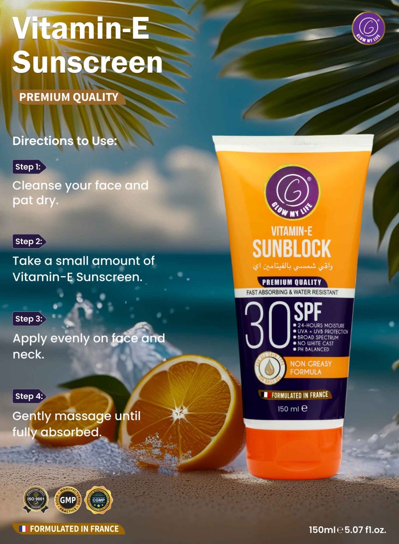 Glow My Life Vitamin-E Sunblock SPF 30 150ml | UV Protection with Niacinamide, Aloe Vera & Sunflower Oil | Moisturising Sun Shield | Lightweight & Non-Greasy | For Face & Body | All Skin Types - Image 5