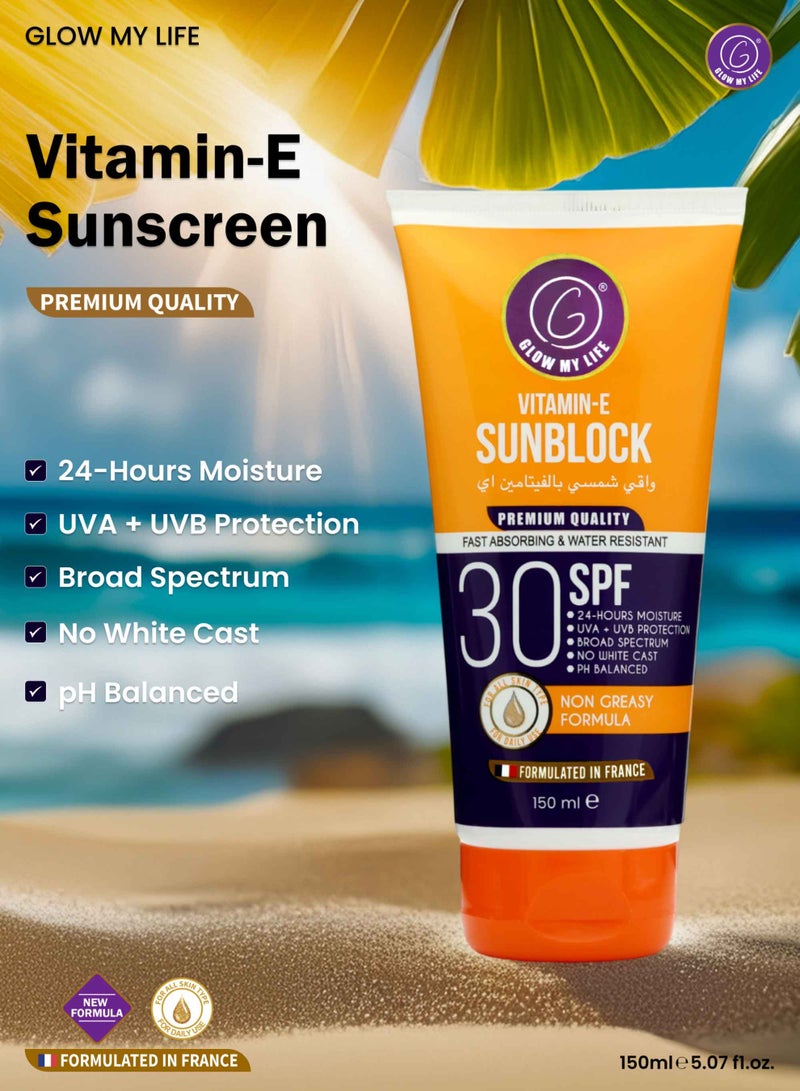 Glow My Life Vitamin-E Sunblock SPF 30 150ml | UV Protection with Niacinamide, Aloe Vera & Sunflower Oil | Moisturising Sun Shield | Lightweight & Non-Greasy | For Face & Body | All Skin Types - Image 4