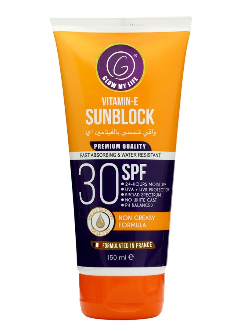 Glow My Life Vitamin-E Sunblock SPF 30 150ml | UV Protection with Niacinamide, Aloe Vera & Sunflower Oil | Moisturising Sun Shield | Lightweight & Non-Greasy | For Face & Body | All Skin Types - Image 1
