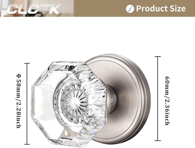CLCTK 2 Pack Crystal Dummy Door Knobs, Non-Turning Single Side Dummy Door Knob, Brushed Nickel - Image 3