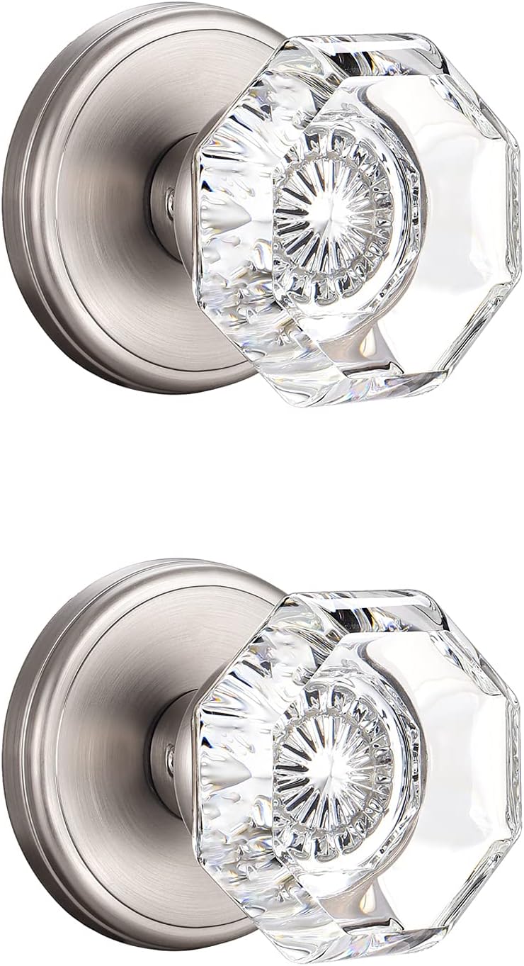 CLCTK 2 Pack Crystal Dummy Door Knobs, Non-Turning Single Side Dummy Door Knob, Brushed Nickel - Image 1