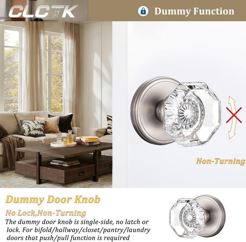 CLCTK 2 Pack Crystal Dummy Door Knobs, Non-Turning Single Side Dummy Door Knob, Brushed Nickel - Image 2