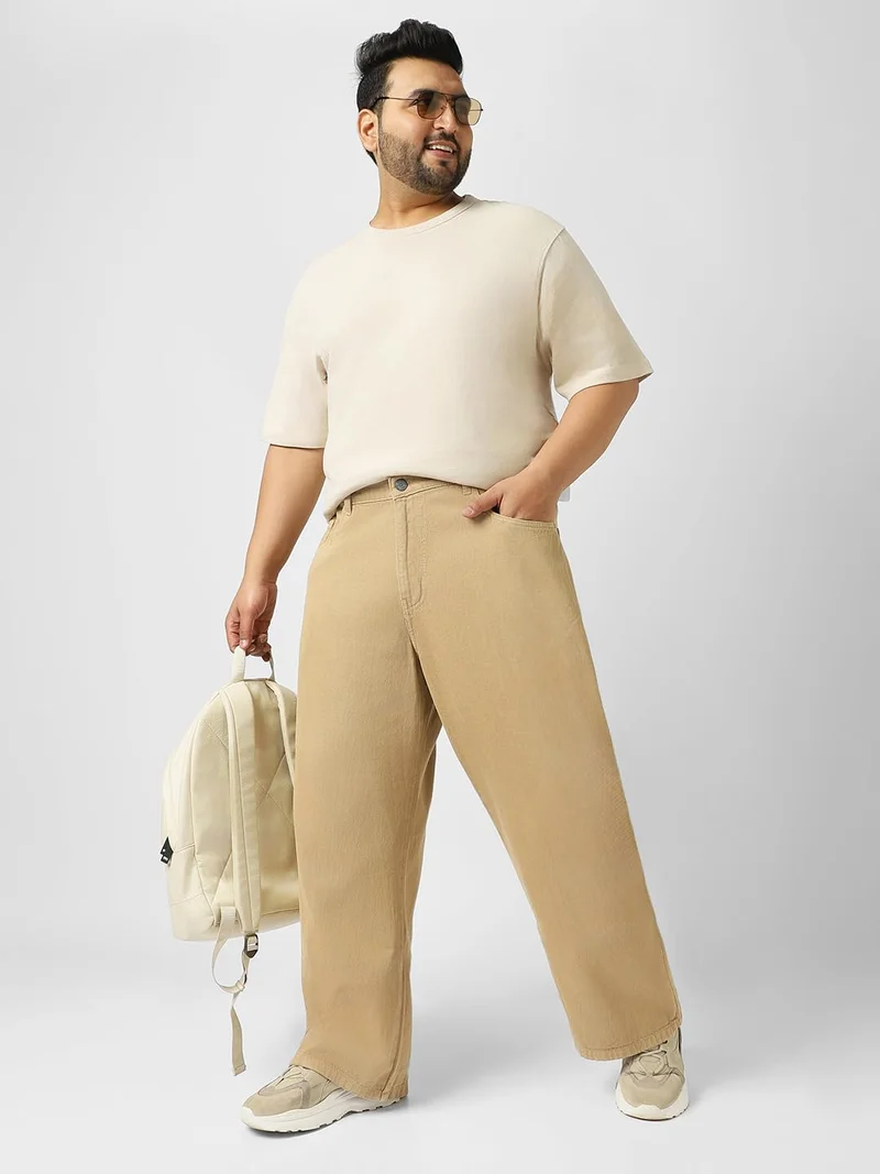 Urbano Fashion  Urbano Plus Men's Beige Loose Baggy Fit Washed Jeans Non-Stretchable  | Best Price UAE