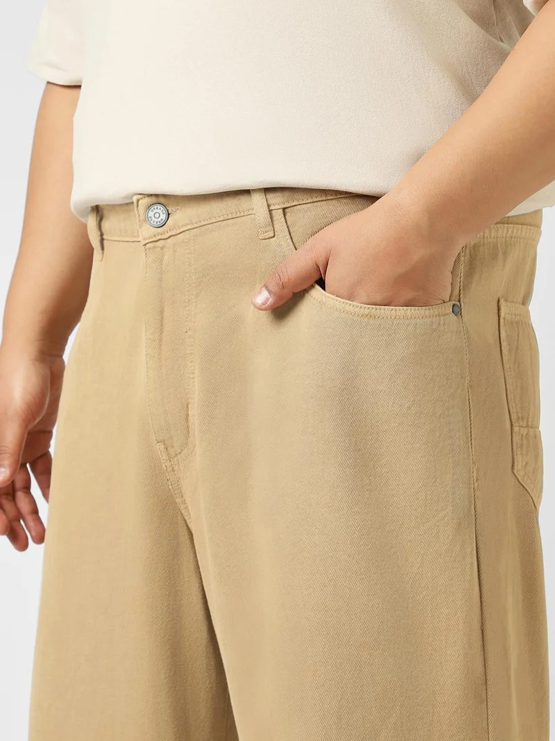 Urbano Fashion  Urbano Plus Men's Beige Loose Baggy Fit Washed Jeans Non-Stretchable  | Best Price UAE