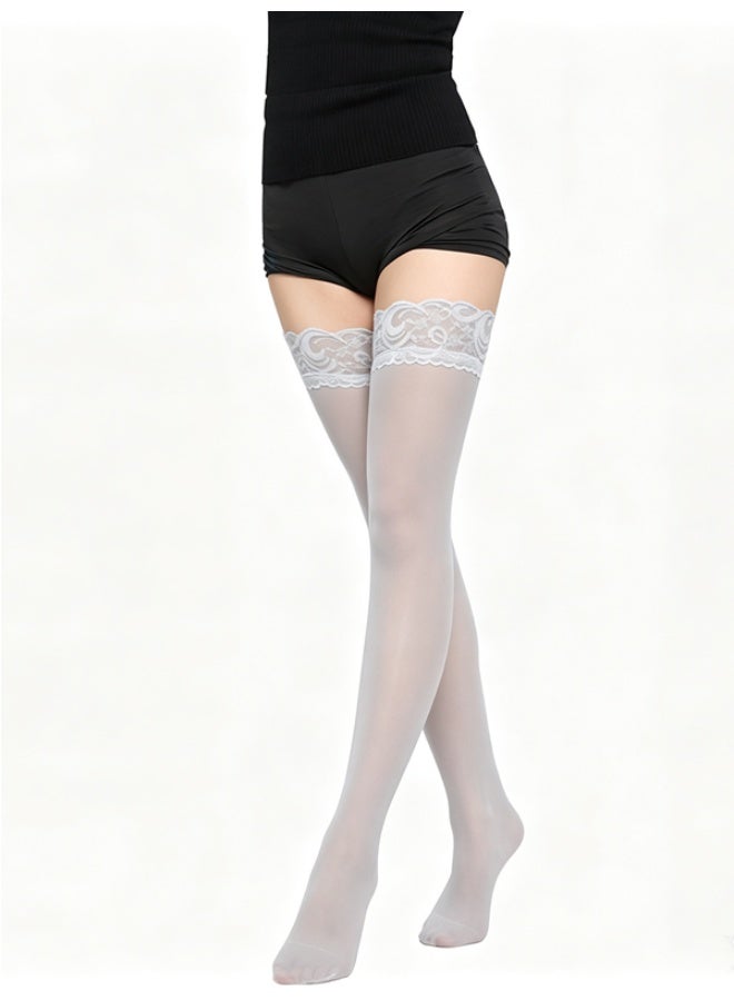 Layali Women Lace Top Thigh High Hold Up Stockings, Ultra Sheer Transparent Wide Lace Cuff Long Hosiery, High Stretch One Size Slimming Thigh Socks - Gray - Image 2