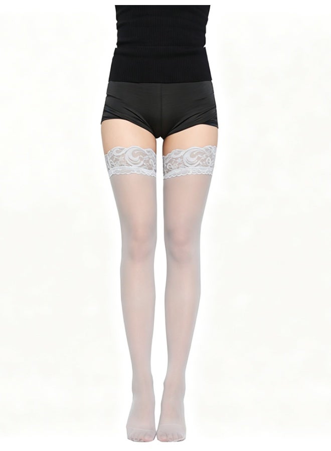 Layali Women Lace Top Thigh High Hold Up Stockings, Ultra Sheer Transparent Wide Lace Cuff Long Hosiery, High Stretch One Size Slimming Thigh Socks - Gray - Image 1