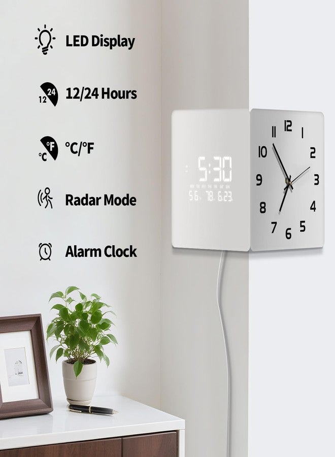 SCOAGE 12'' Double Sided 90° Corner Wall Clock, Minimalist White, Radar Motion Activated, Analog & LED Display with Temp Humidity Date Day, Silent Non-Ticking Plug-in for Bedroom Office - Image 2