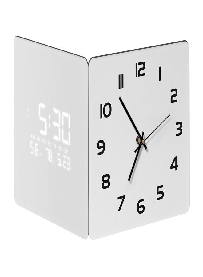 SCOAGE 12'' Double Sided 90° Corner Wall Clock, Minimalist White, Radar Motion Activated, Analog & LED Display with Temp Humidity Date Day, Silent Non-Ticking Plug-in for Bedroom Office - Image 1