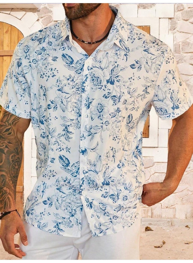 payanwin Tree Printed Short Sleeves Shirt White/Blue - Image 1
