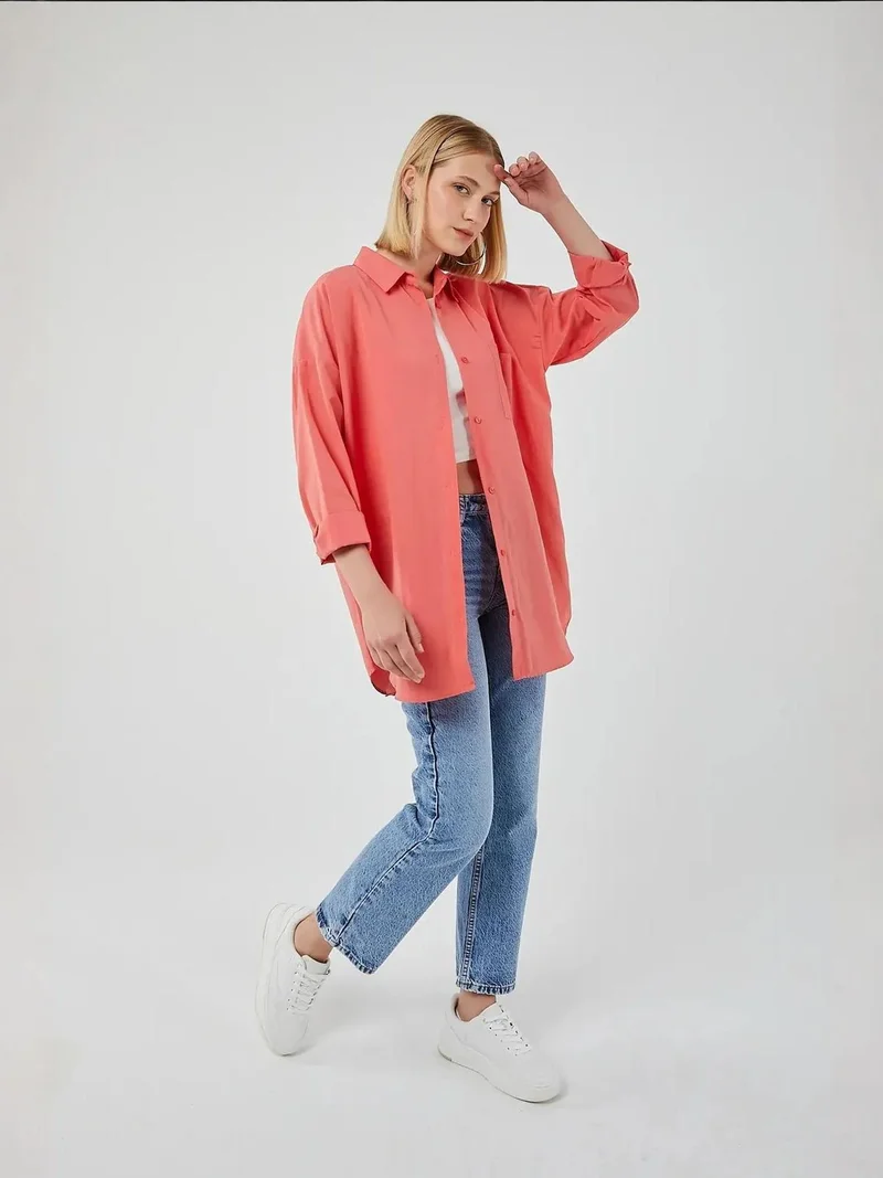 MixRay Oversized Long-Sleeve Button-Up Poplin Shirt