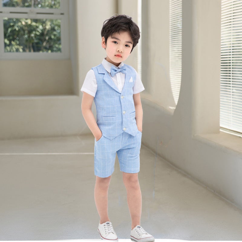 Children'S Suit Baby Solid Color Plaid Small Vest Dress Three-Piece 61 Children'S Costume - Image 4