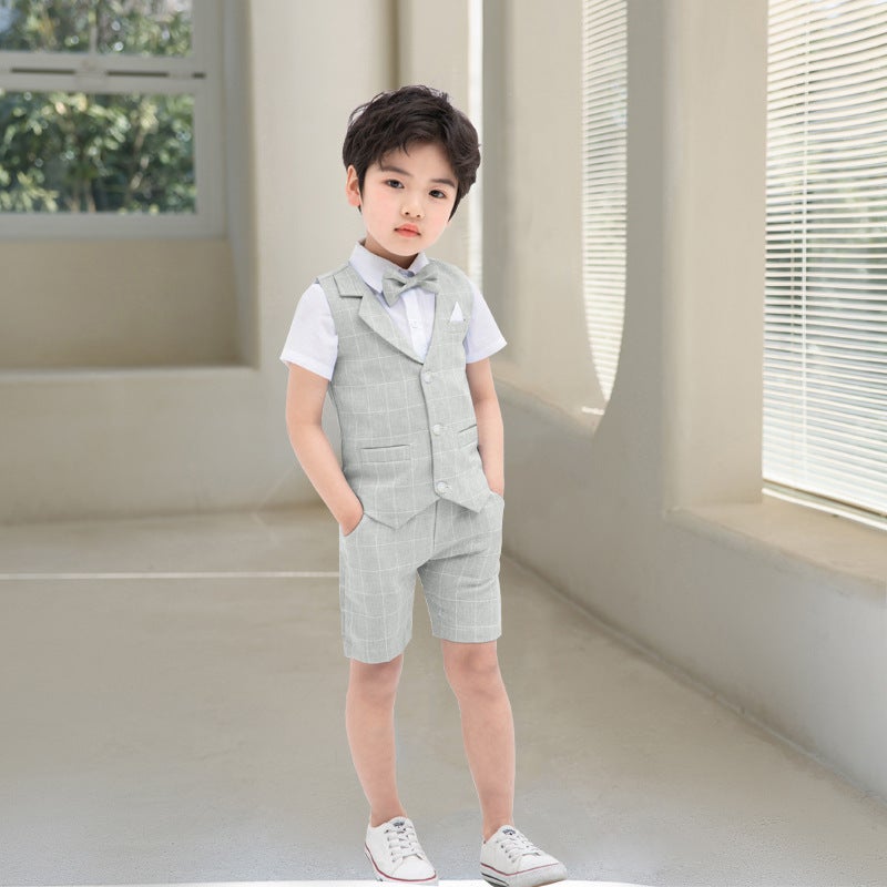Children'S Suit Baby Solid Color Plaid Small Vest Dress Three-Piece 61 Children'S Costume - Image 3