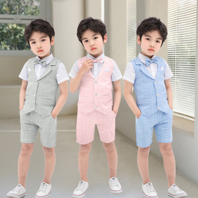 Children'S Suit Baby Solid Color Plaid Small Vest Dress Three-Piece 61 Children'S Costume - Image 2