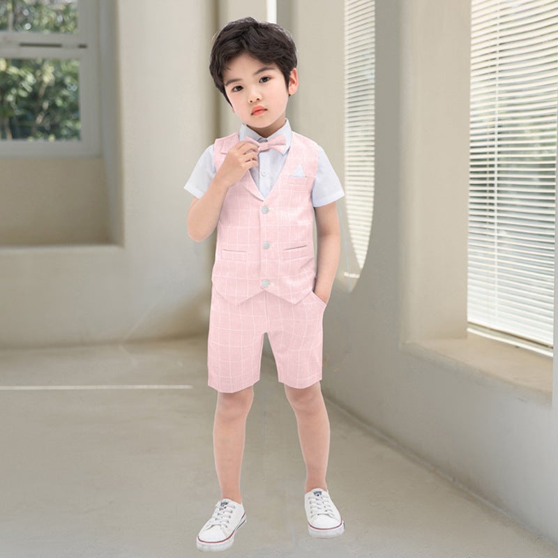 Children'S Suit Baby Solid Color Plaid Small Vest Dress Three-Piece 61 Children'S Costume - Image 5