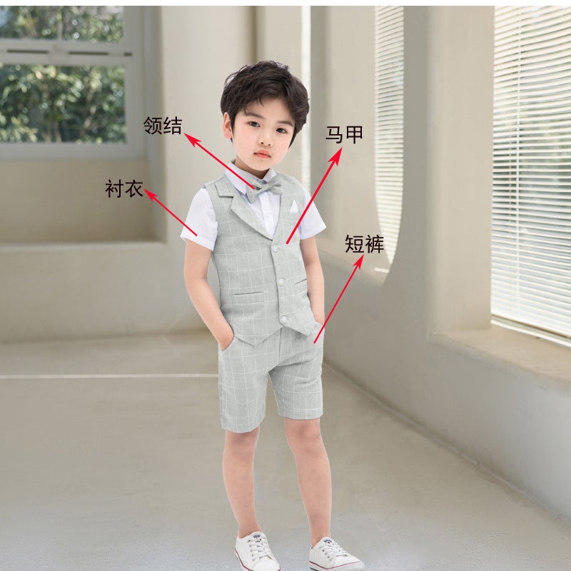 Children'S Suit Baby Solid Color Plaid Small Vest Dress Three-Piece 61 Children'S Costume - Image 1