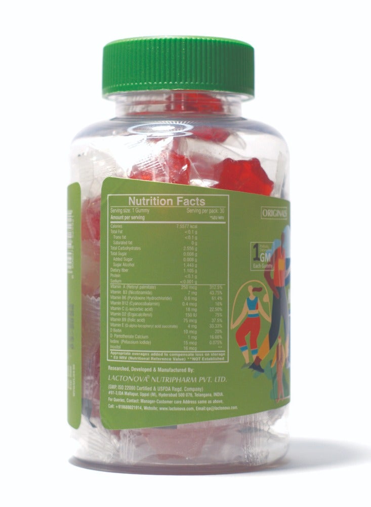 Multivitamins for Kids & Adults – Sugar-Free Strawberry Gummy with Biotin, Vitamin C, D2, B-Complex & Fiber – Immunity, Hair, Skin, Energy & Digestive Support – 30 Gummies