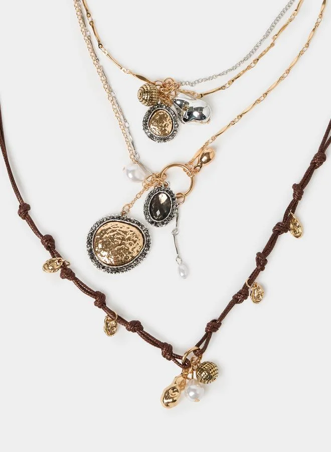 ستايلي Set of 5 - Hammered Pendant Cord Necklace
