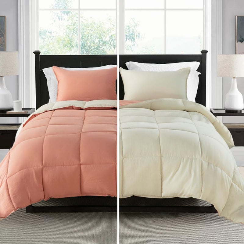 KASENTEX Reversible NoShrink Queen Comforter Set with Shams  Stays Fluffy Ultra Soft AllSeason NonFading Colors Machine Washable Duvet Insert Dusty Pink Rose and Beige