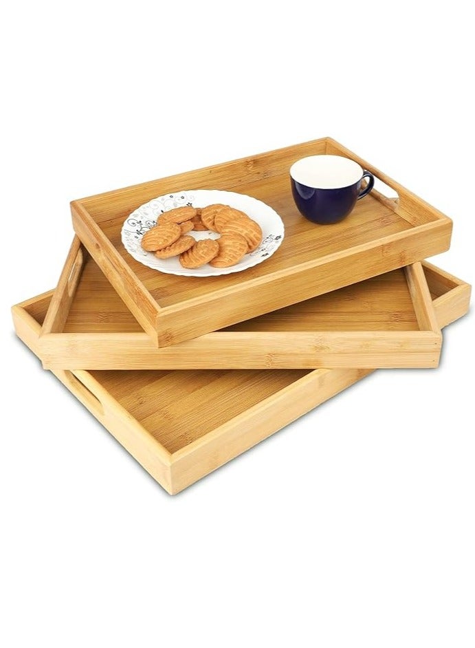 Spaceshoop Bamboo Wood Serving Trays, Set of 3 Wooden Trays for Kitchen Storage, Wooden Tray for Dinning - Image 1