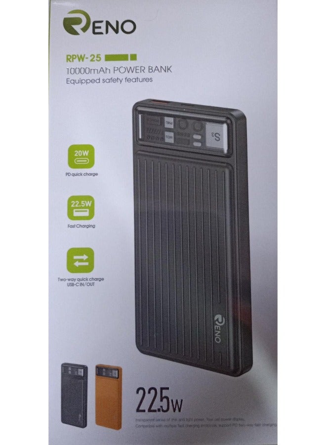Reno Power Bank 10000mAh, RPW-25, Fast Charging, USB, Type-C, Black