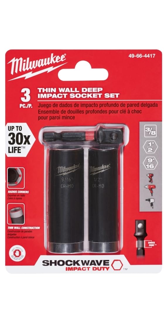 Milwaukee Genuine OEM 49-66-4417 3 Piece Thin Wall Deep Impact Socket Set w/ Radius Corners and Hex Socket Adaptor (Driver Not Included) - Image 1