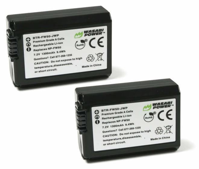 Wasabi Power NP-FW50 Camera Battery (2-Pack) for Sony ZV-E10, Alpha a5100, a6000, a6300, a6400, a6500, Alpha a7, a7 II, a7R, a7R II, a7S, a7S II, Cyber-Shot DSC-RX10 II, RX10 III, RX10 IV and More - Image 1
