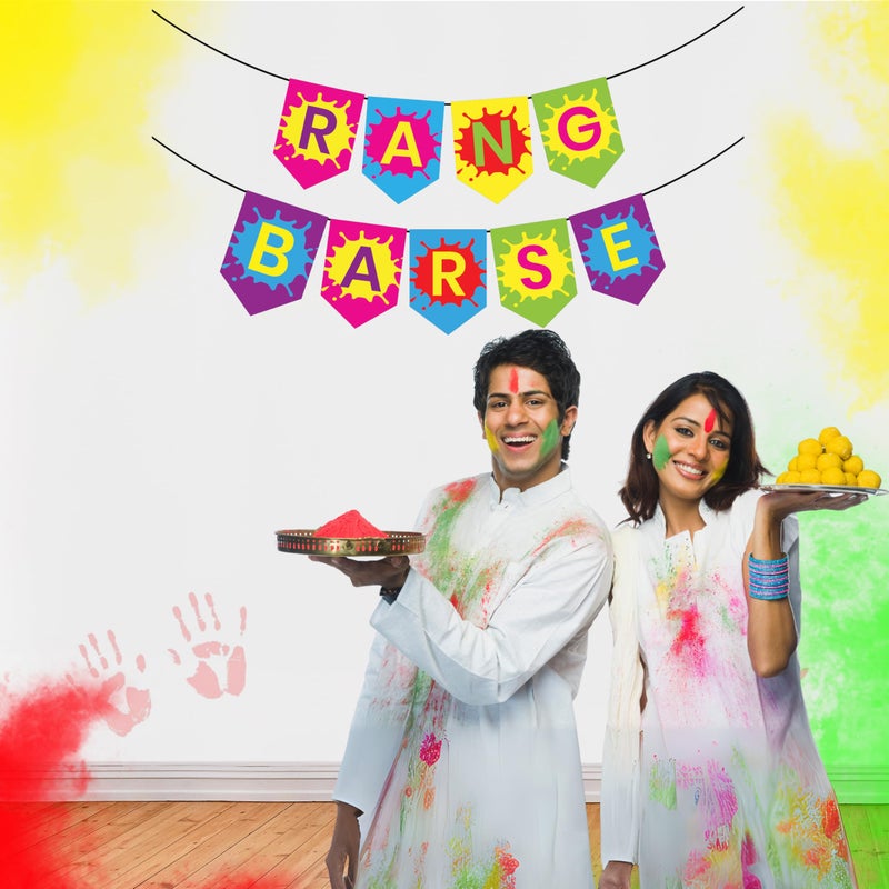 1iAM Happy Holi Decoration Items | 1pc 13.6X10.3cm "RANG BARSE" 300gsm Printed Paper Banner for Celebration of 14th March in Home, Office, Club, School, Collage, Restaurant, Apartment Decoration - Image 3
