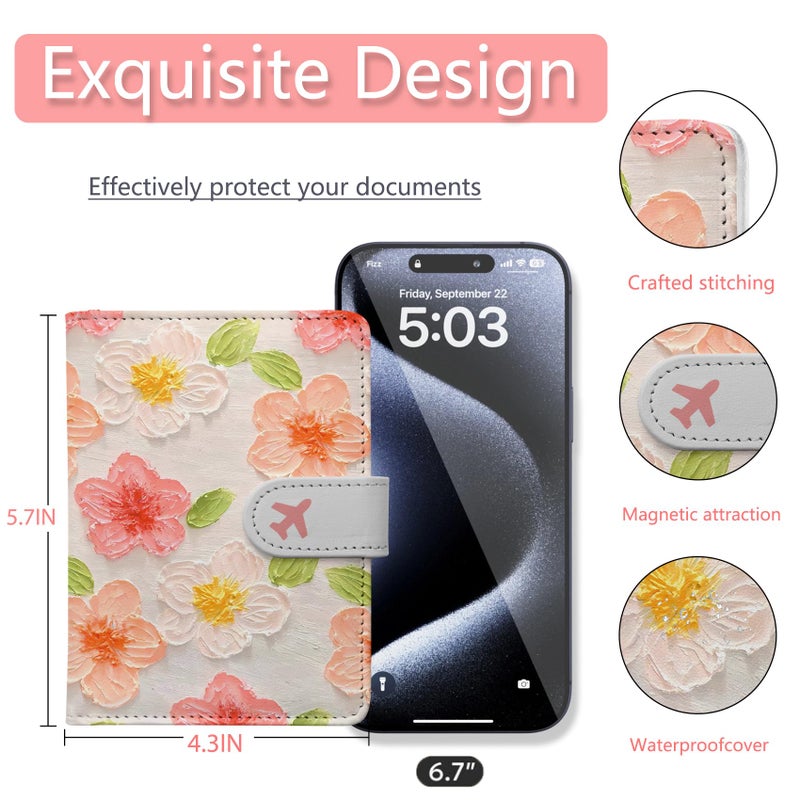 LumeTrav Passport Holder, Travel Wallet Cover with Pen Loop | Cute RFID Blocking Leather Case with Magnetic Closure for Travel Essentials-Flower - Image 4