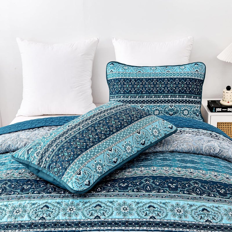 WONGS BEDDING مجموعة أغطية الأسرّة بأسلوب البوهو، حجم كوين، لون أزرق، مجموعة أغطية أسرّة بأسلوب البوهو، غطاء سرير خفيف من القطن الميكروفيبر قابل للتحويل، مناسب لجميع المواسم، مقاس 96" × 90" (3 قطعة) - Image 5