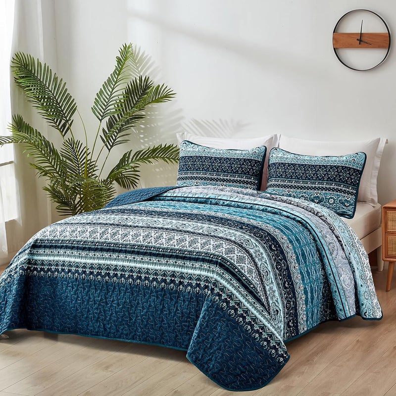 WONGS BEDDING مجموعة أغطية الأسرّة بأسلوب البوهو، حجم كوين، لون أزرق، مجموعة أغطية أسرّة بأسلوب البوهو، غطاء سرير خفيف من القطن الميكروفيبر قابل للتحويل، مناسب لجميع المواسم، مقاس 96" × 90" (3 قطعة) - Image 2