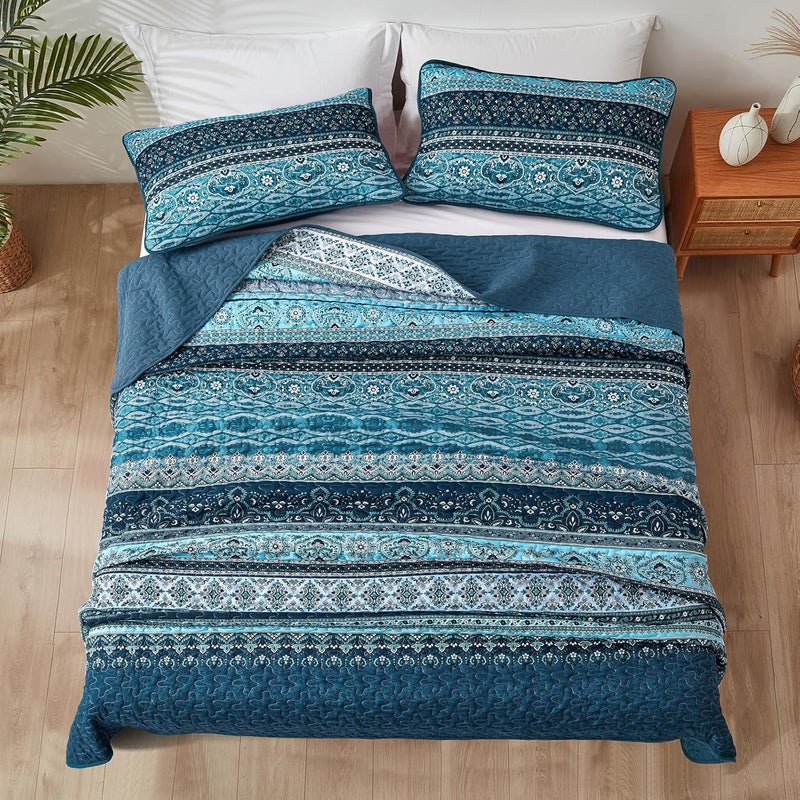 WONGS BEDDING مجموعة أغطية الأسرّة بأسلوب البوهو، حجم كوين، لون أزرق، مجموعة أغطية أسرّة بأسلوب البوهو، غطاء سرير خفيف من القطن الميكروفيبر قابل للتحويل، مناسب لجميع المواسم، مقاس 96" × 90" (3 قطعة) - Image 4