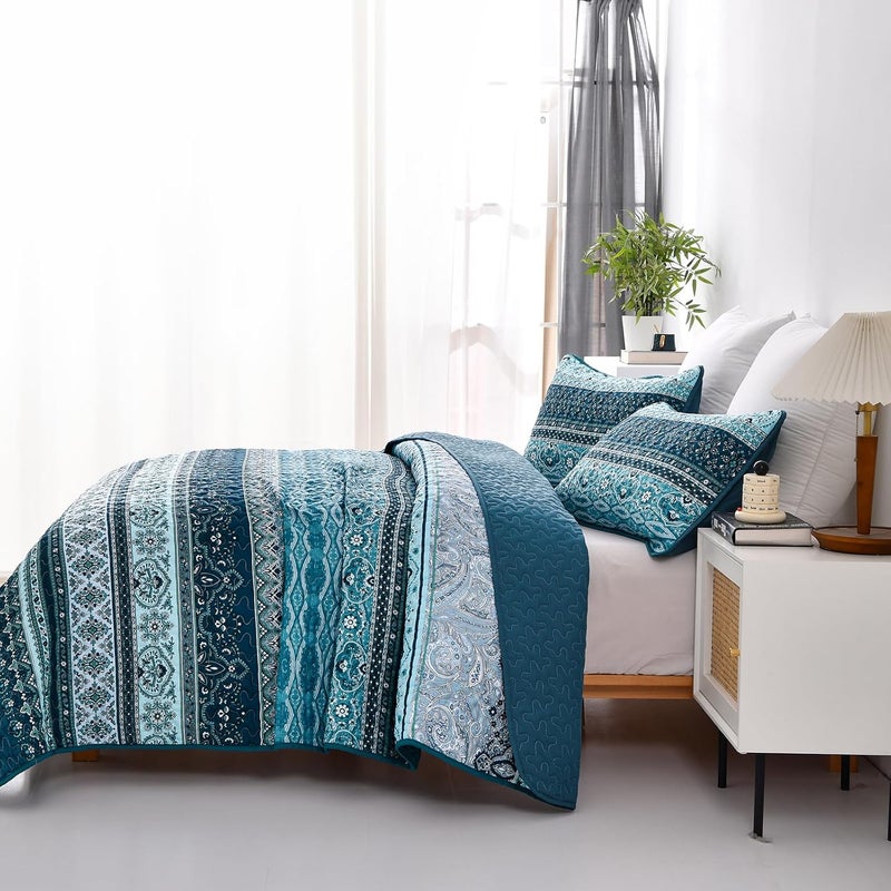 WONGS BEDDING مجموعة أغطية الأسرّة بأسلوب البوهو، حجم كوين، لون أزرق، مجموعة أغطية أسرّة بأسلوب البوهو، غطاء سرير خفيف من القطن الميكروفيبر قابل للتحويل، مناسب لجميع المواسم، مقاس 96" × 90" (3 قطعة) - Image 3