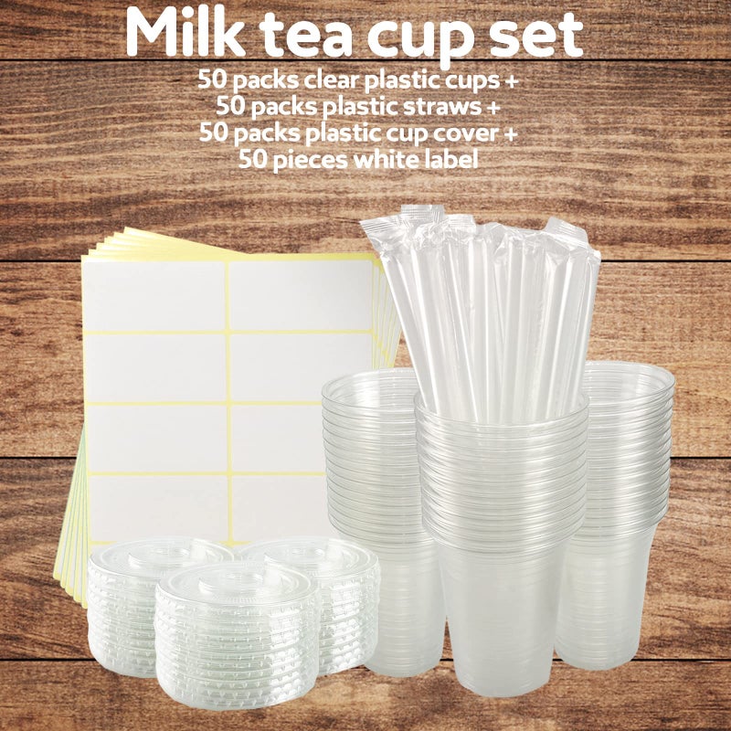 Xlong 50 Sets Clear Plastic Cups With Flat Lids,16oz Disposable Iced Coffee Cups with Straws and Stickers,Plastic Cups for Iced Coffee,Cold Drinks,Juice, Bubble Boba Tea,Smoothie, Milkshake - Image 3