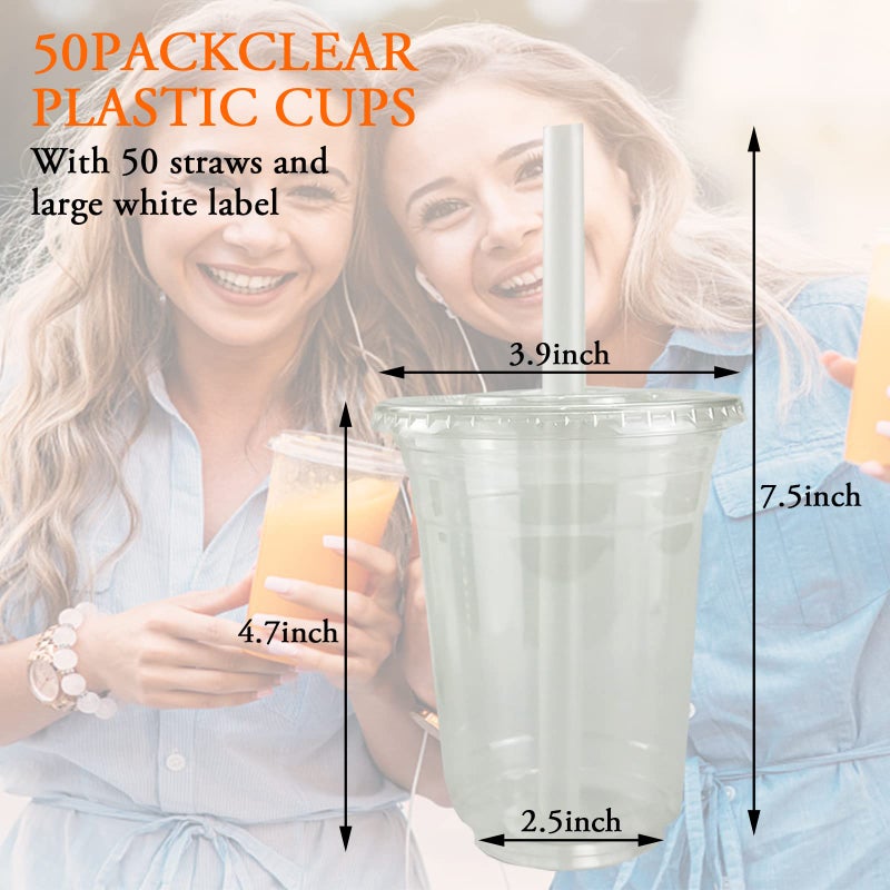 Xlong 50 Sets Clear Plastic Cups With Flat Lids,16oz Disposable Iced Coffee Cups with Straws and Stickers,Plastic Cups for Iced Coffee,Cold Drinks,Juice, Bubble Boba Tea,Smoothie, Milkshake - Image 2