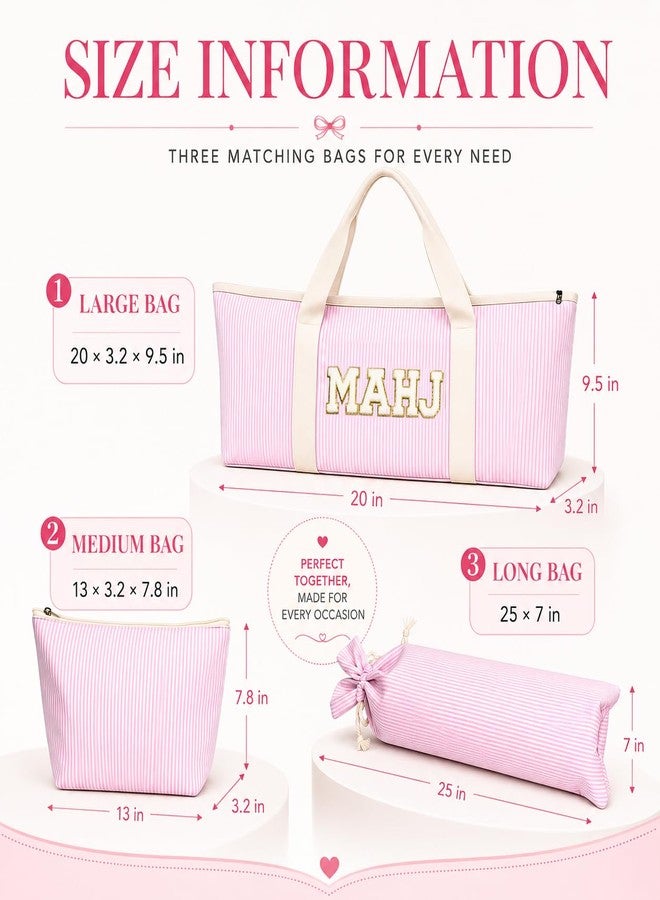 MASHDE American Pink Mahjong Bag Set, 3 Empty Pcs of Mahjong Rack Storage Bags with Pink Stripes, Mahjong Tile Bag for Women Mahjong Lover or Man Party Supplies - Image 2