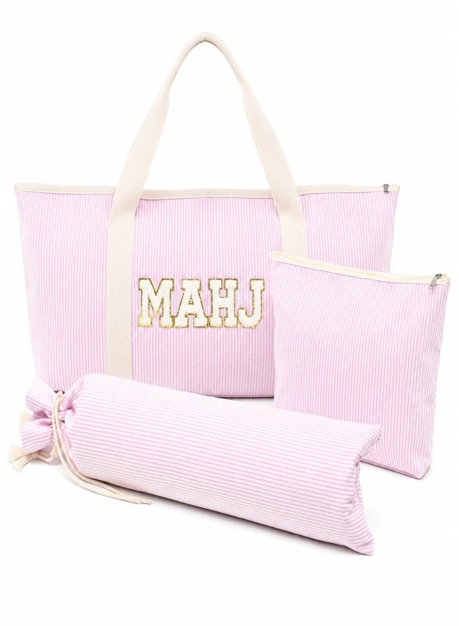 MASHDE American Pink Mahjong Bag Set, 3 Empty Pcs of Mahjong Rack Storage Bags with Pink Stripes, Mahjong Tile Bag for Women Mahjong Lover or Man Party Supplies - Image 1
