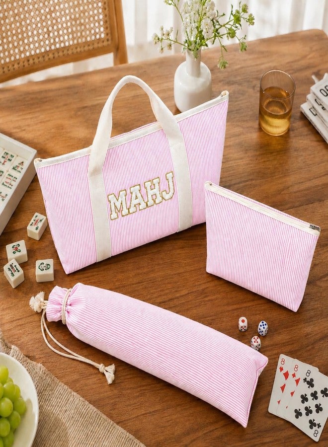 MASHDE American Pink Mahjong Bag Set, 3 Empty Pcs of Mahjong Rack Storage Bags with Pink Stripes, Mahjong Tile Bag for Women Mahjong Lover or Man Party Supplies - Image 3