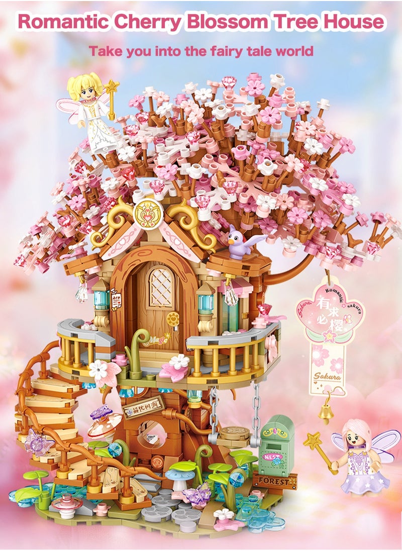 LOOPITYS 1149pcs Small Particle Assembly BlocksRomantic Cherry Blossom Tree House Comes with Small Dolls, Architectural Toys, Pink themed Cherry Blossom Tree Blocks, Especially Suitable as Birthday Gifts for Girls, Can be Used as Furniture Decorations ﻿ ﻿  - Image 1