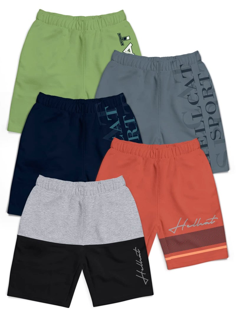 HELLCAT Pack of 5 Trendy Typographic Printed Mid Rise Shorts for Boys - Grey Melange/Orange/Navy Blue/Dark Grey/Jade Green_7-8 Years - Image 1